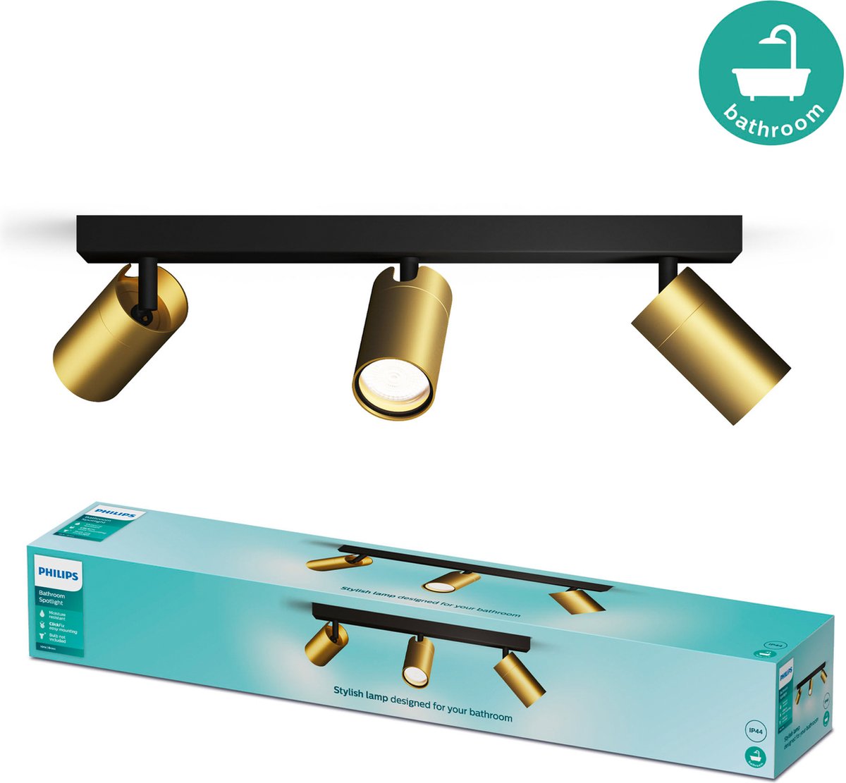 Spot Philips LED Philips Idris - faretto da soffitto - IP44 antispruzzo - 5W - nero con oro - lampada da bagno - tre punti luce - adatto solo per spot LED