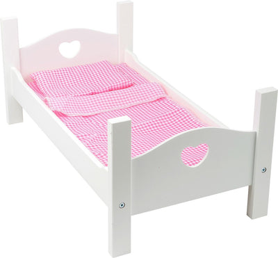 Letto da bambola in legno a piede bianco con biancheria da letto, 4dlg.