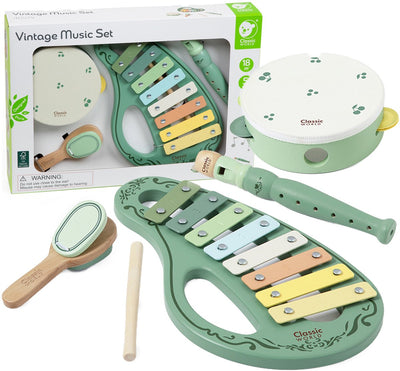 Classic world houten muziekinstrumenten set vintage 5-delig speelgoed.