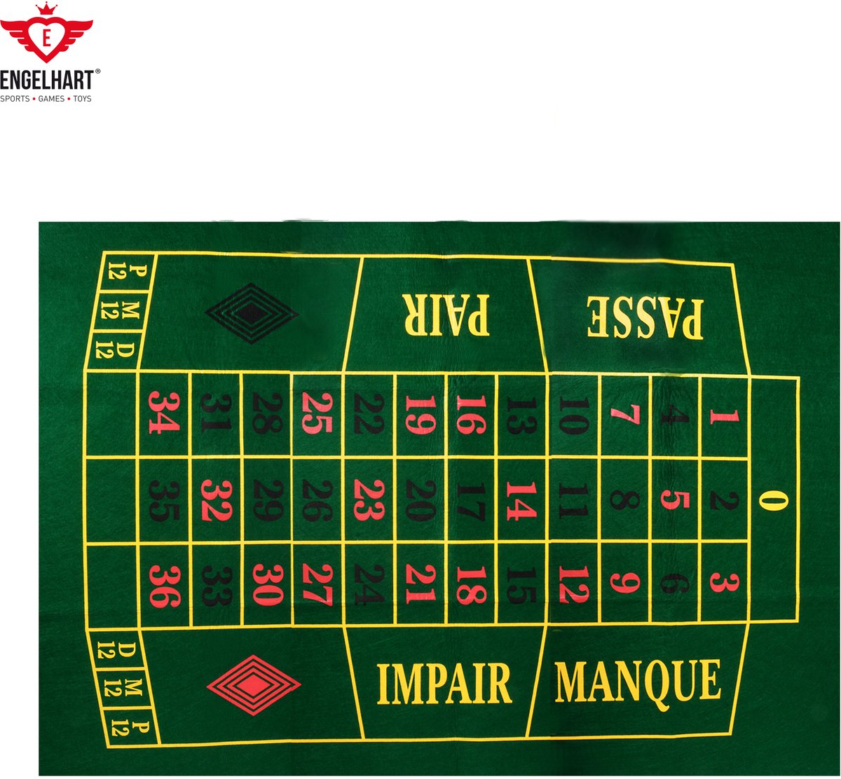 Tappeto roulette Longfield 130 x 90 cm – feltro verde – accessorio per giochi da casinò per la casa – tappetino da gioco per tavoli da roulette – cuore d'angelo