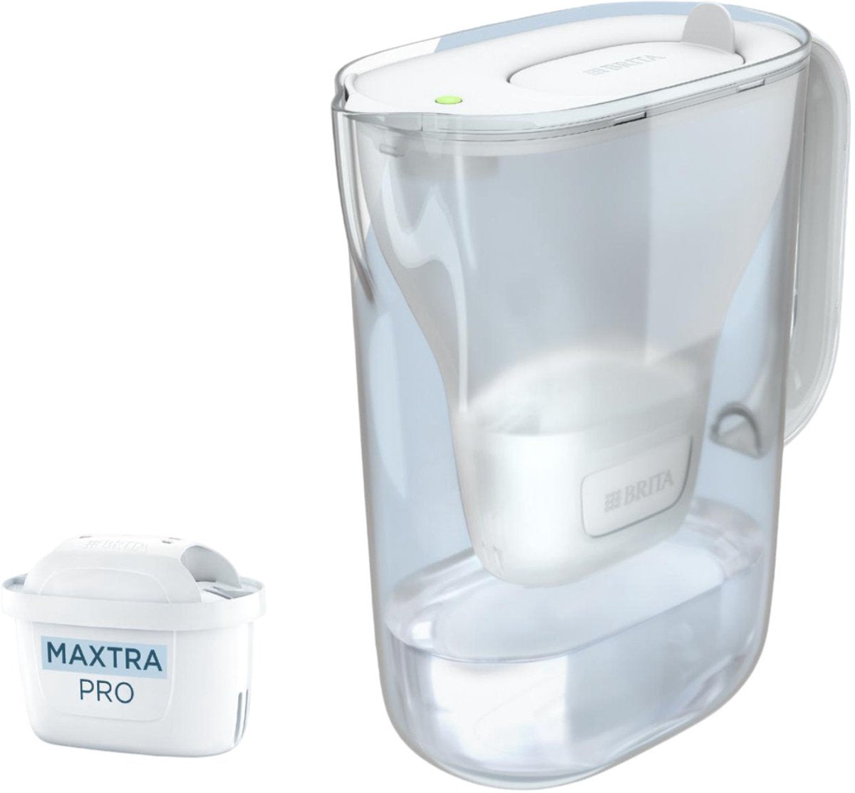 Jarra con filtro de agua Brita style Essential - 2,4 l - blanca - incl. 1 filtro de agua maxtra pro pure performance: cabe en el refrigerador, con tapa con bisagras con luz LED inteligente