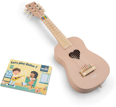 Woet ® Guitarra de juguete de madera con correa de transporte - rosa - Instrumento de juguete - Mi primera guitarra con libro de partituras - Tocar la guitarra para niños - A partir de 3 años