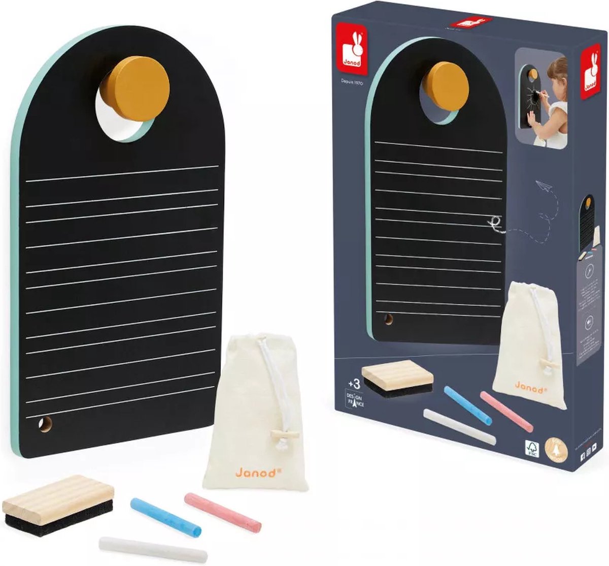 Janod schoolbord - draagbaar bord met krijtjes - een handig draagbaar formaat om overal te kunnen tekenen en schrijven - wordt geleverd met een haak om het bord op te hangen - inclusief 3 krijtstiften - geschikt vanaf 3 jaar