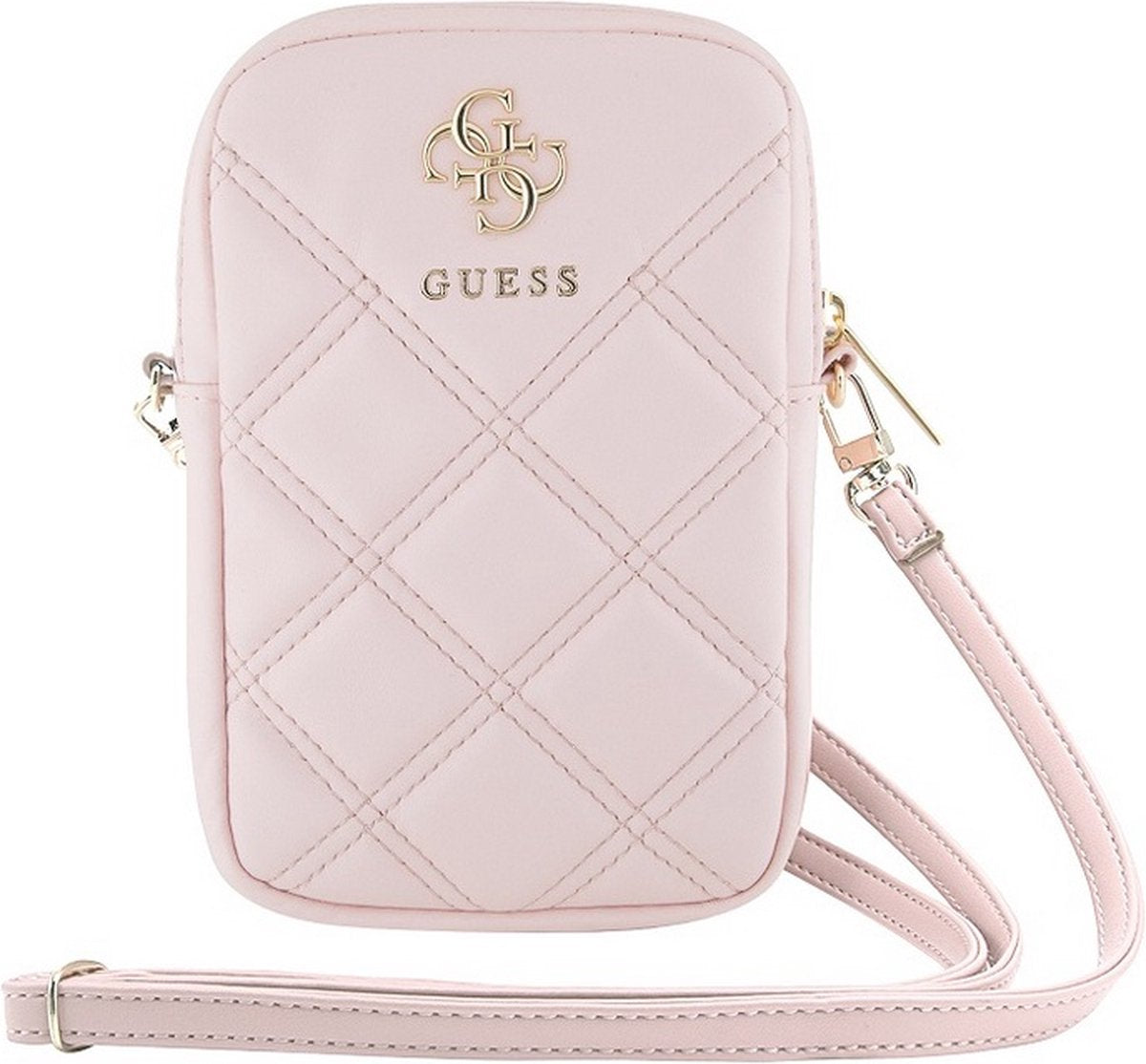Custodia Guess trapuntata con logo in metallo da 4 g e tracolla (7 pollici) - rosa