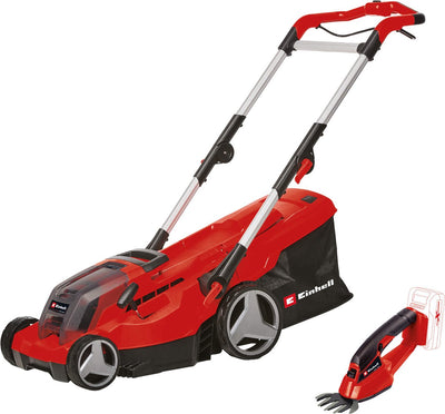 Einhell battery lawn mower ge-cm 36 37 li + battery grass shears ge-cg 18 1 li - power x-change 36 18 v li-ion - cutting width: 37 cm 10 cm - incl. 2x 3.0 ah battery and 2x chargers