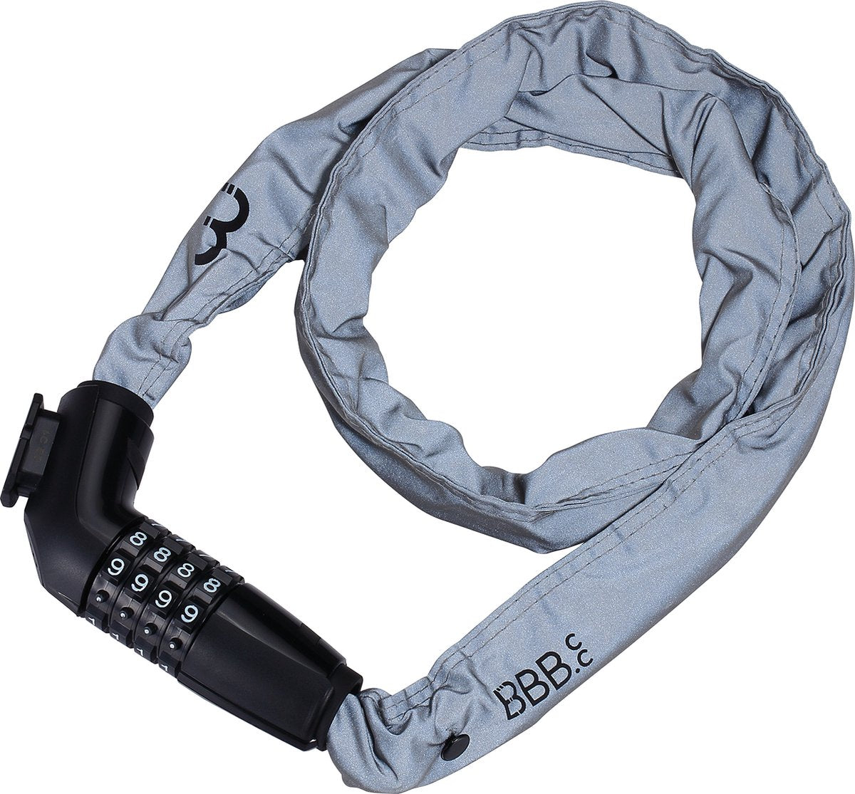 Bbb candado para bicicleta candado de combinación reflectante - 100 cm - candado de cadena de bicicleta muy seguro con eslabones de acero de 5 mm - candado con código de 4 dígitos - enlace de código - bbl-49r