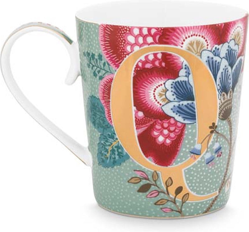 Pip studio taza con alfabeto - q - fantasía floral azul claro - taza - 350ml - porcelana - taza con letras q - azul claro
