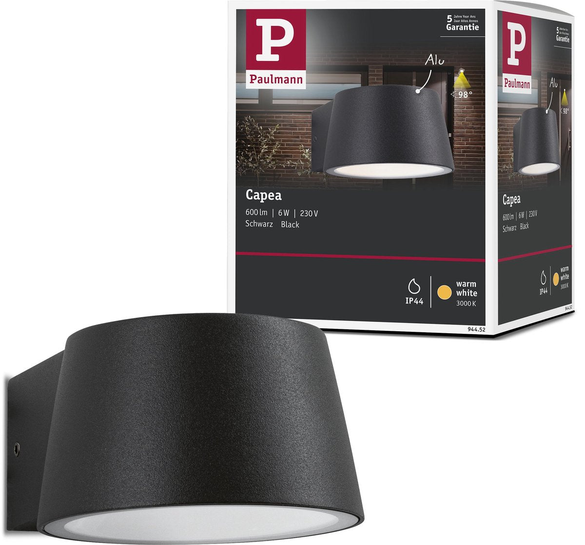 Paulmann applique da esterno LED capea ip44 96x128 mm 3000k 6w 500lm 230v 98° alluminio antracite