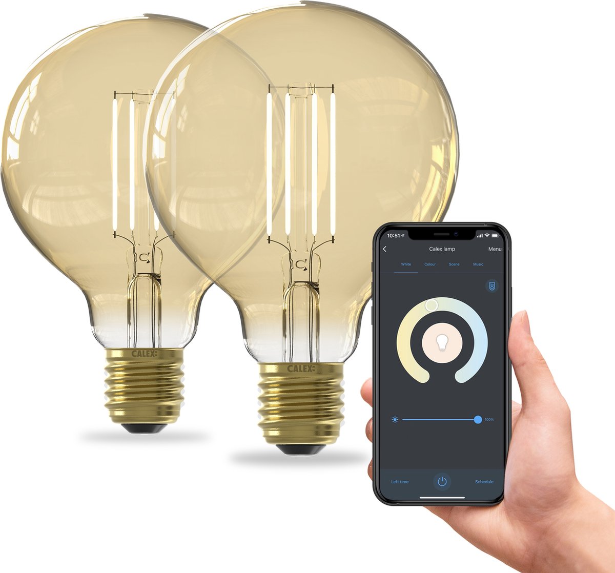 Calex slimme lamp - set van 2 stuks - wifi led filament verlichting - globe 9,5cm - e27 - smart bulb goud - dimbaar - warm wit licht - 7w