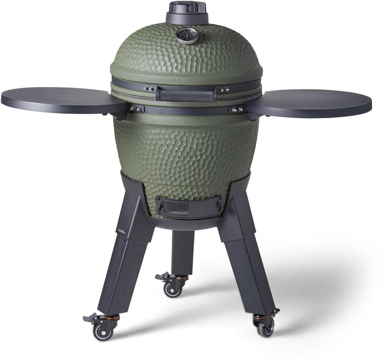 Kamado completo moderno - tavolini pieghevoli e gambe nere con ruote con freni - da 8 a 12 persone - verde