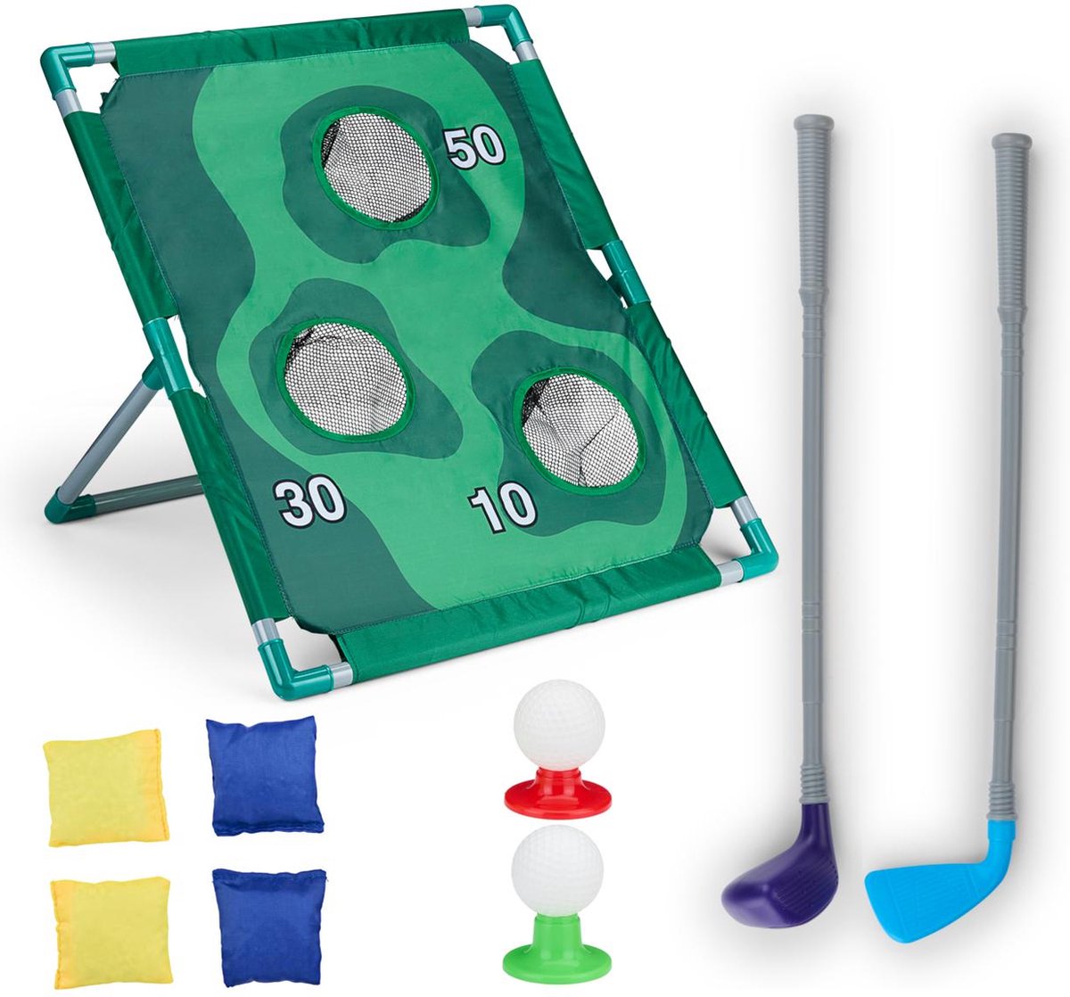 Eddy Toys Set da golf e cornhole 2 in 1 - giocattoli da interno ed esterno per ragazzi e ragazze - con palline da golf, pouf, mazze da golf e tabellone da gioco - gioco di lancio giocattolo e minigolf - plastica - verde