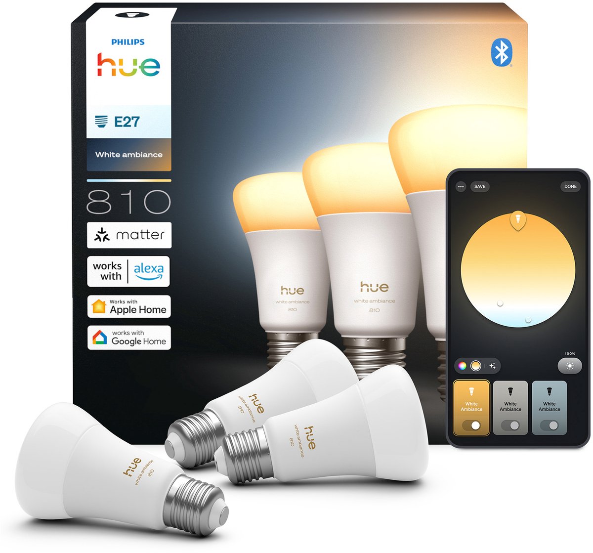 Lámpara Philips Hue smart LED A60, luz blanca cálida a fría, casquillo E27, paquete de 3