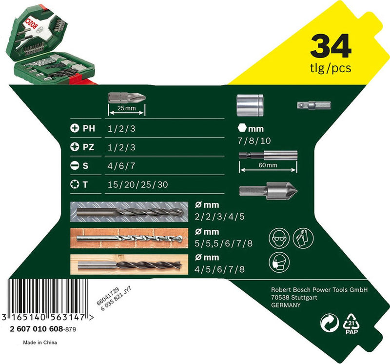 Set trapano Bosch x-line - 34 pezzi - per legno, metallo e pietra