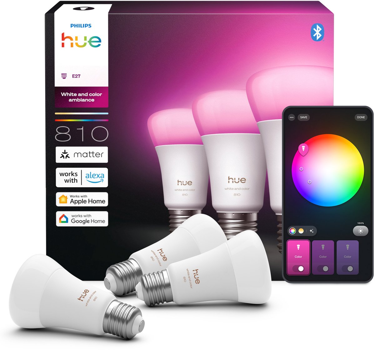 Philips Hue smart LED A60 lamp - white and colored light - E27 fitting - 810 lumen - 3 pieces