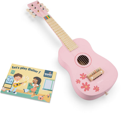 Chitarra giocattolo in legno Woet ® con tracolla - rosa con fiori - strumento giocattolo - la mia prima chitarra con libretto di musica - suona la chitarra per bambini - a partire da 3 anni