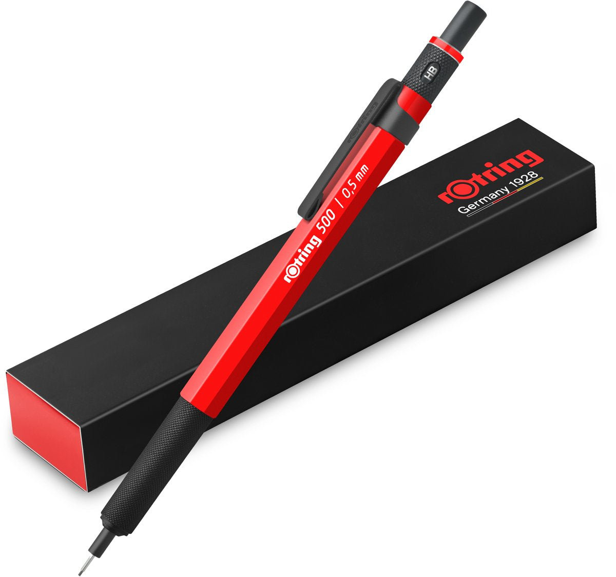 Portaminas Rotring 500 | 0,5 mm grafito hb | Funda de plástico hexagonal roja y empuñadura de metal con estructura antideslizante.