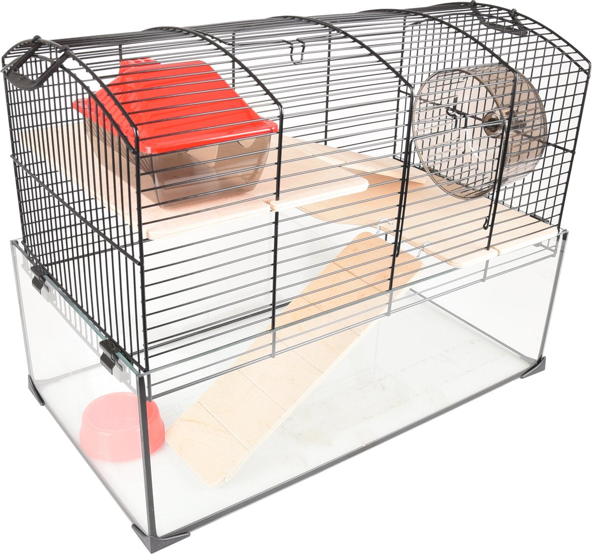 Jaula para hámster Flamingo – vitru 1 – Jaula para hámster con fondo de cristal – Jaula completa con rueda de ejercicio, plataformas y accesorios – Negro – 51,5x29x40 cm – Calidad europea