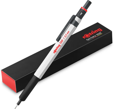 Rotring 500 mechanical pencil | 0.5mm graphite hb lead | | white hexagonal plastic sleeve and metal grip with non-slip structure