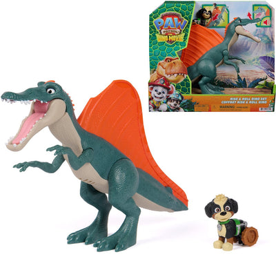 Paw Patrol - The Dino Movie Rise Roll Dino Set includes 17.7 cm Spinosaurus toy dinosaur with sounds and Rex action figure