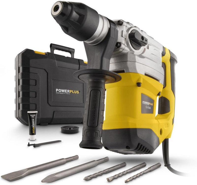 Taladro de impacto eléctrico Powerplus POWX1195 - 4 en 1: taladrar, taladrar con percusión, cincelar y girar cincel, Taladro 1500 W, 6 años, SDS Plus, 5 accesorios