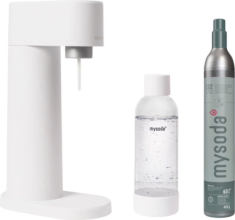 Mysoda woody white - fabricante de agua con gas - de biocompuesto ecológico y sostenible - incluye botella de agua con cilindro de CO2