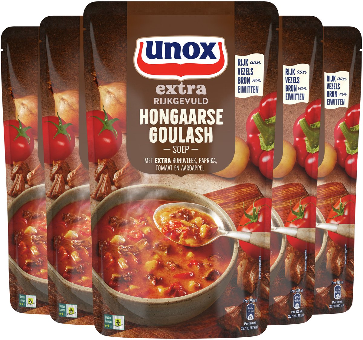 Zuppa extra ricca Unox in busta - Goulash ungherese - una zuppa ripiena con carne extra, peperoni, pomodoro e patate - 5 x 570 ml