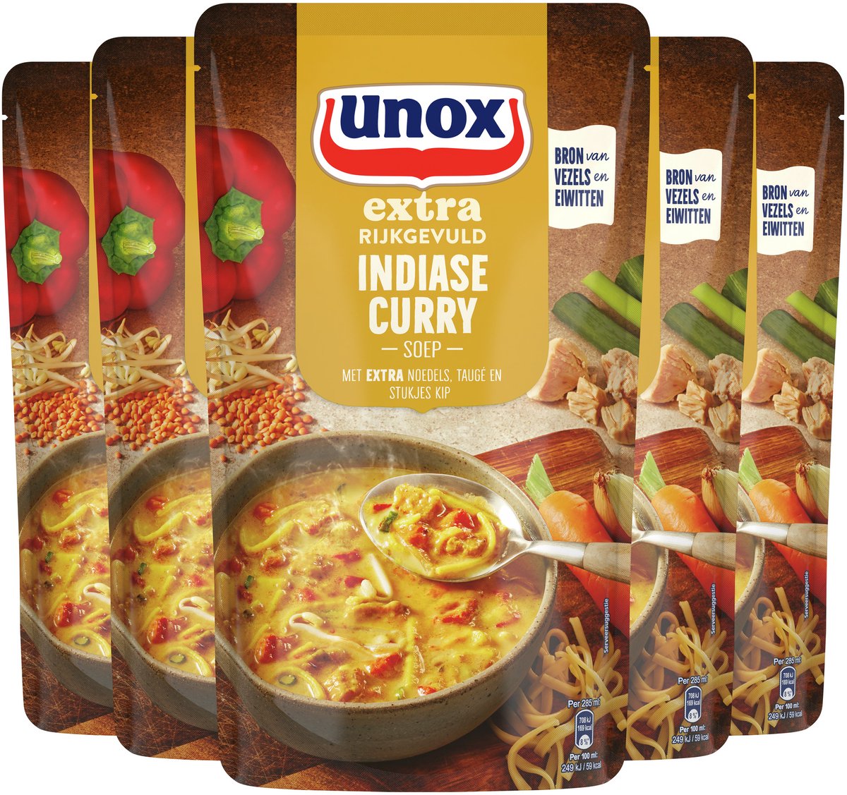 Zuppa extra ricca Unox in busta - Curry indiano - una zuppa al curry con noodles extra, germogli di soia e pezzi di pollo - 5 x 570 ml