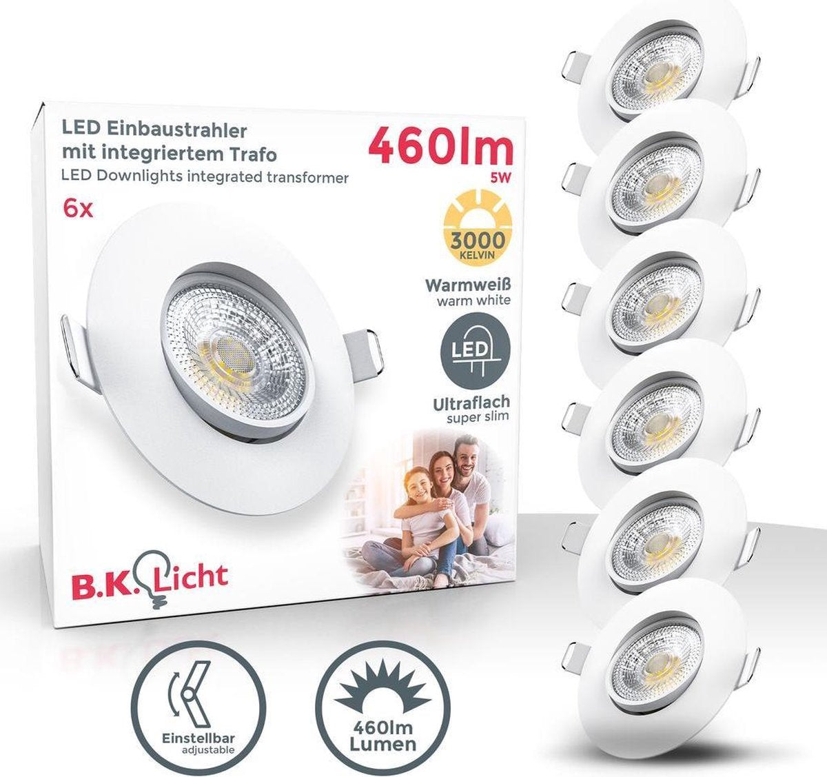 B.K. light - set 6 faretti da incasso LED - per interni - faretti - orientabili - ip23 - ø9cm - 3.000k - 460 lm - 5w