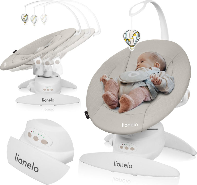 Altalena per bambini Lionelo iris premium - sedile girevole a 360° - 3 posizioni dello schienale - 3 movimenti di dondolo - 5 impostazioni di velocità - 12 melodie - arco gioco - rivestimento lavabile - fino a 9 kg - sdraietta per sedia a dondolo