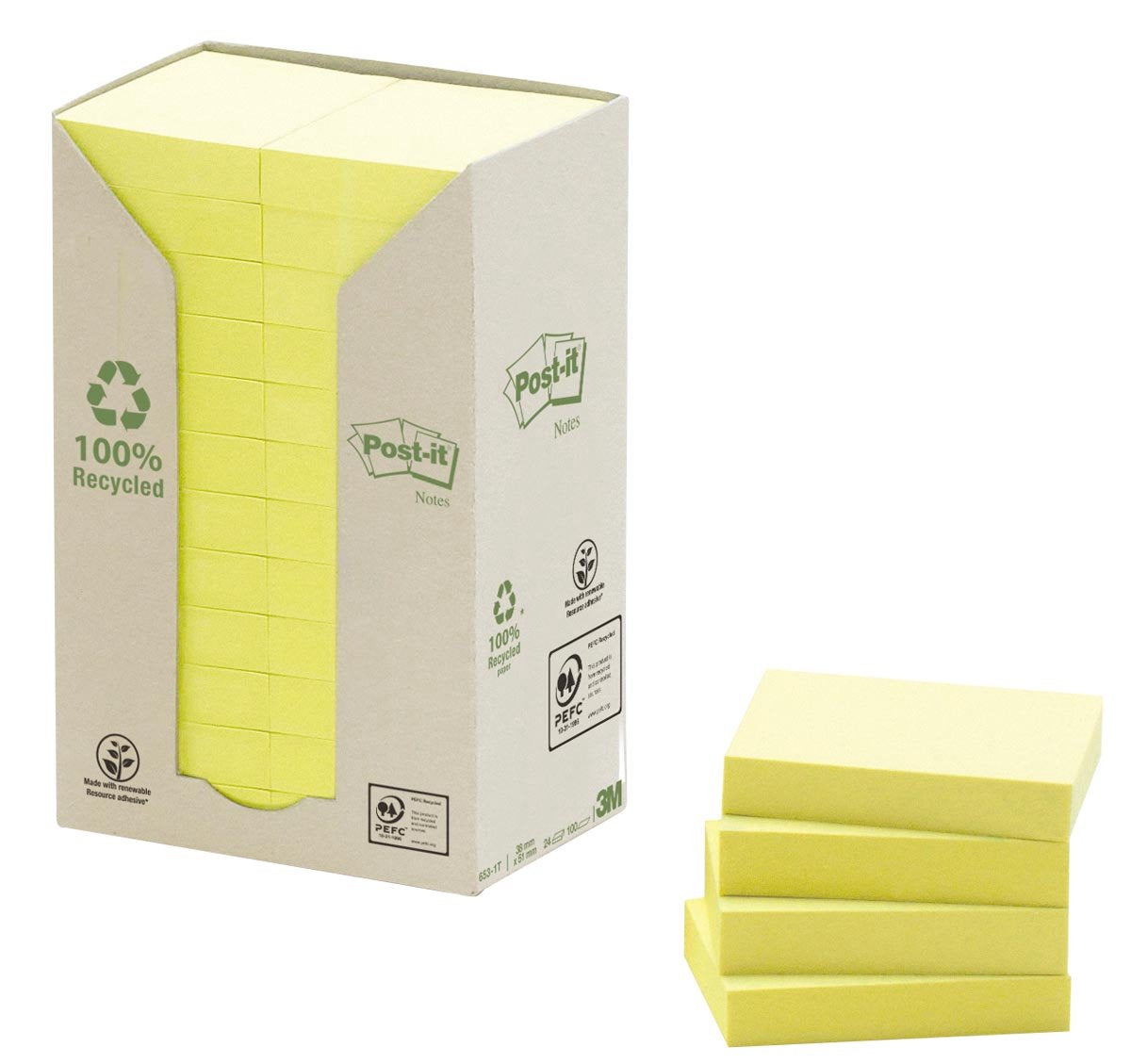 Notes riciclato 653-1t post-it 38x51mm giallo pastello 100 fogli