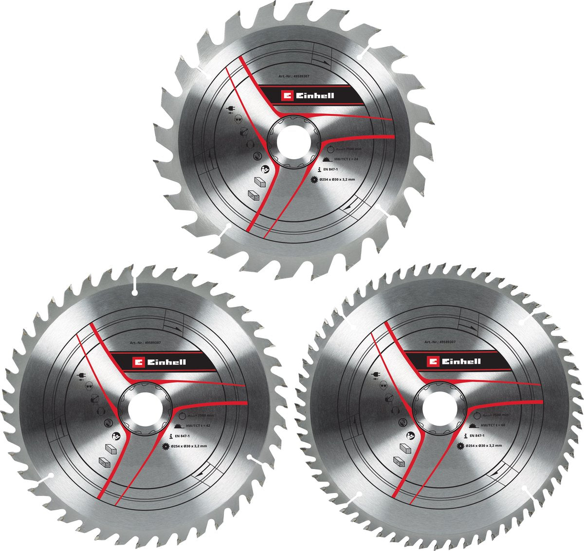 Set lame per sega TCT Einhell in metallo duro - 3 pezzi - ø254 x 30 x 3,2 mm - 24 42 60 denti
