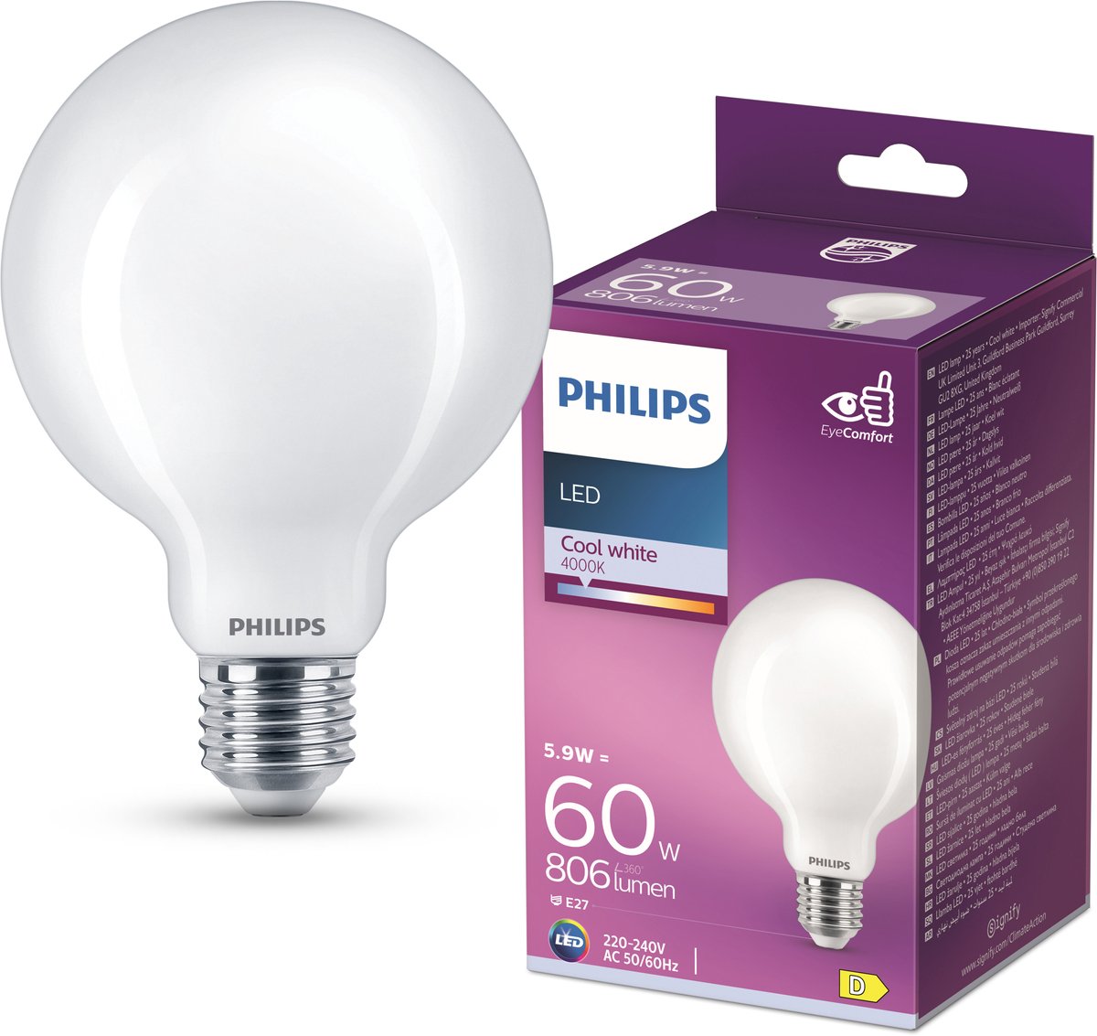 Lampada LED Philips - lampada globo con attacco E27 - luce bianca fredda: 4000k - 60w - vetro smerigliato
