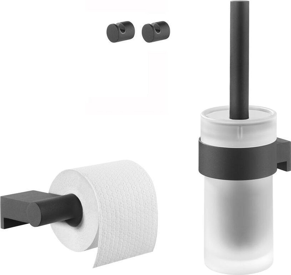 Set accessori per WC Tiger Bold - scopino per WC con supporto - portarotolo senza patta - ganci per asciugamani - nero