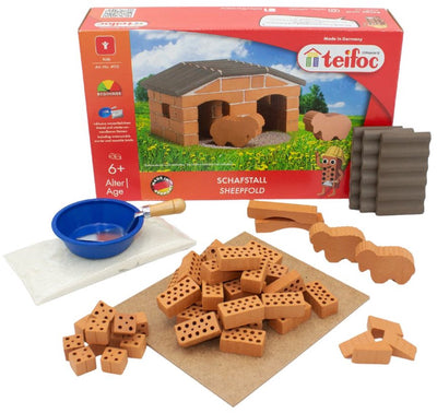 Teifoc ® construction box – sheep stable building set – 50 parts – real mini bricks with cement, bowl and trowel – building kit for children from 6 years