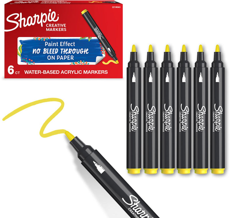 Marcadores creativos Sharpie de pintura acrílica | punto redondo | marcadores de pintura a base de agua | la tinta no sangra y es adecuada para la mayoría de las superficies | amarillo | 6 piezas