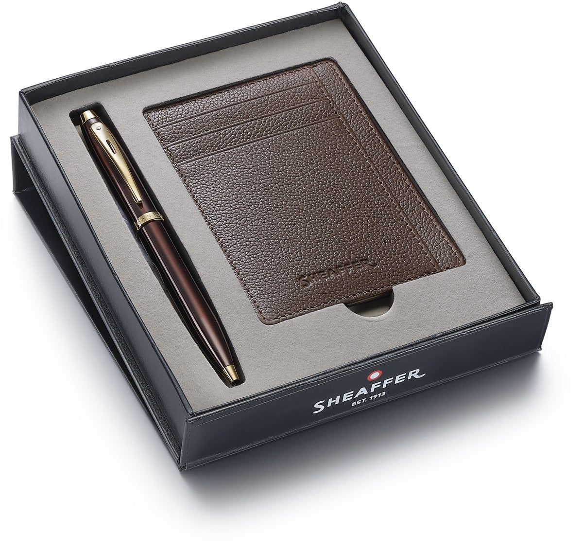 Set de regalo de bolígrafo Sheaffer 100 9370 - tono dorado marrón brillante - con tarjetero - moca rústico - sf-g2937051-2