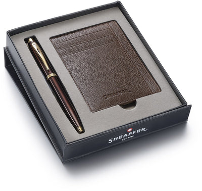Set de regalo de bolígrafo Sheaffer 100 9370 - tono dorado marrón brillante - con tarjetero - moca rústico - sf-g2937051-2