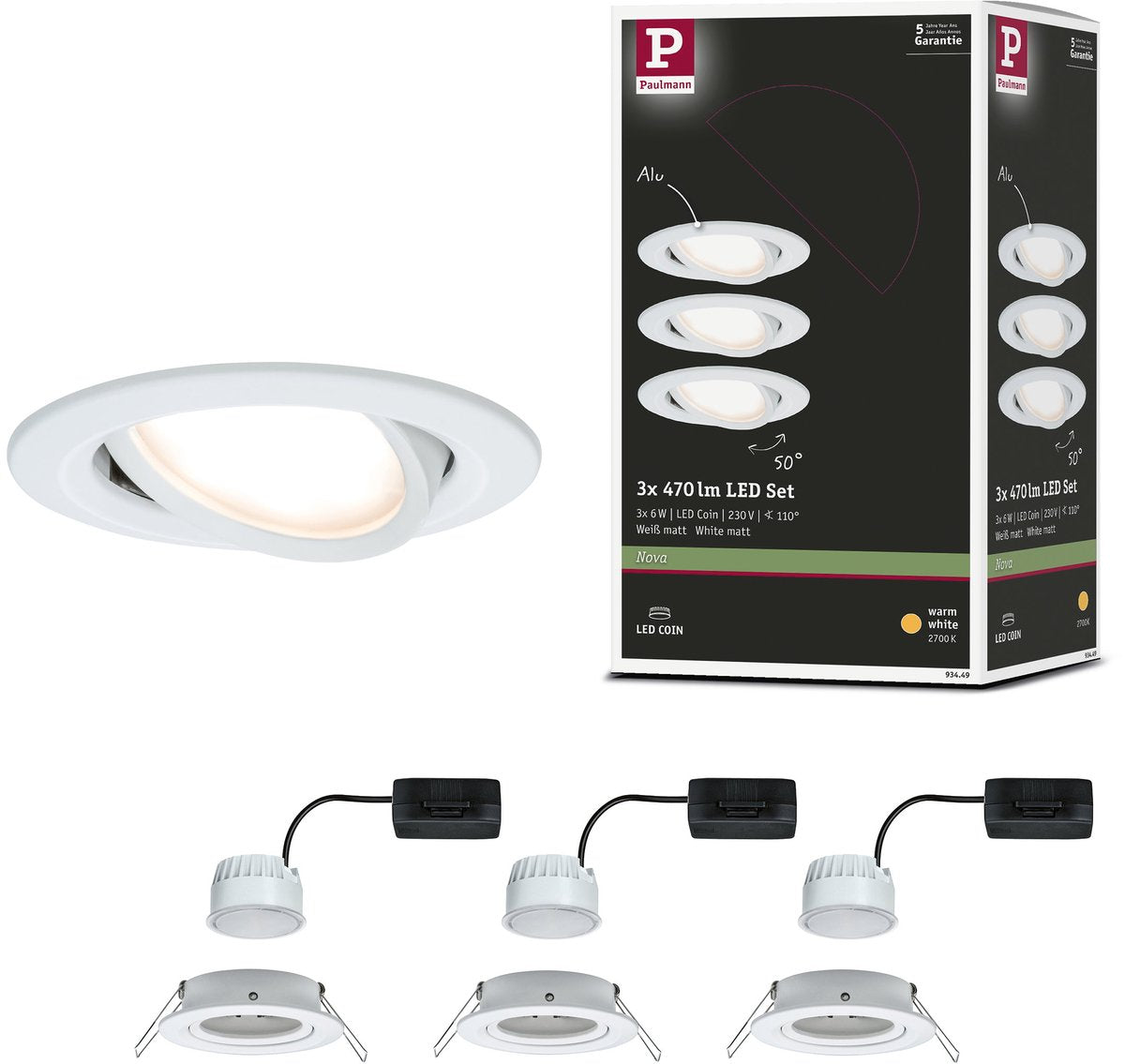 Paulmann empotrable LED nova coin juego de 3 orientable redondo 84 mm 50° coin 3x6w 3x470lm 230v 2700k blanco mate