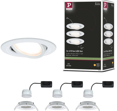 Paulmann LED recessed lamp nova coin set of 3 swiveling round 84 mm 50° coin 3x6w 3x470lm 230v 2700k white matt