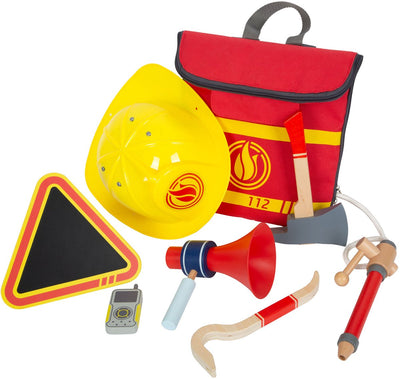 Pequeña mochila de bomberos con atributos de la brigada de fuego de madera, 8dlg.