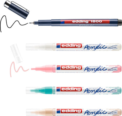 Set creativo Edding manga - dibujar manga para principiantes en muchas superficies diferentes - 1x 1800 profipen negro - 4x marcadores acrílicos 5300 - 6x tarjetas en blanco - 3x plantillas - 1x explicación paso a paso - set todo en uno
