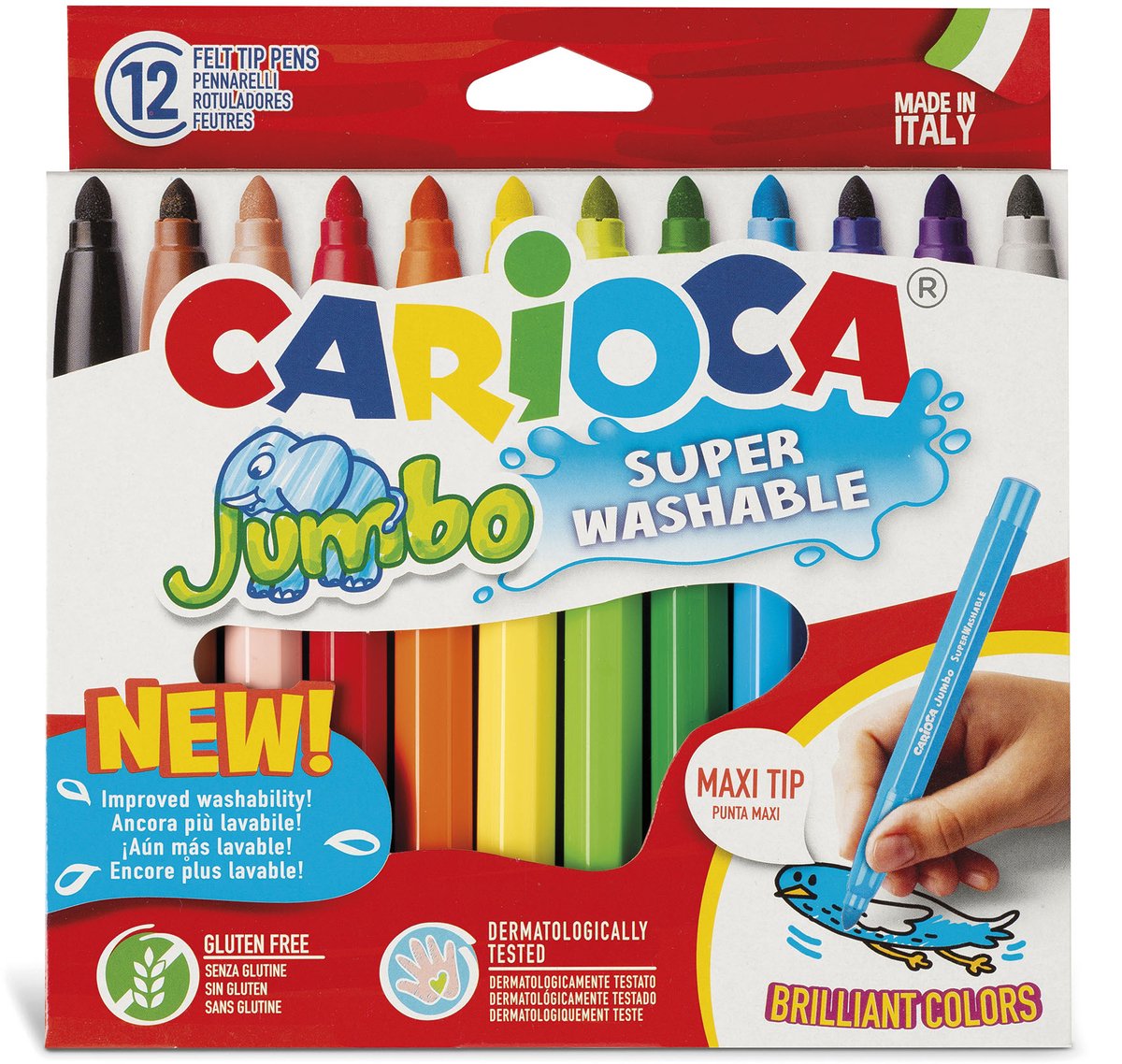 Pennarelli Jumbo Carioca - 12 colori - punta maxi 6 mm - lavabili - pennarelli da colorare per bambini