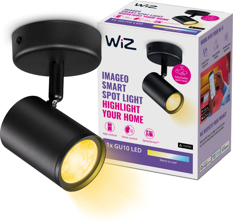 Lámpara de techo Wiz imageo - foco de superficie - 1 foco - luz blanca cálida a fría - iluminación LED inteligente - casquillo gu10 - 1x 5w - negro - wi-fi