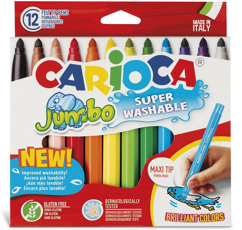 Pennarelli Jumbo Carioca - 12 colori - punta maxi 6 mm - lavabili - pennarelli da colorare per bambini