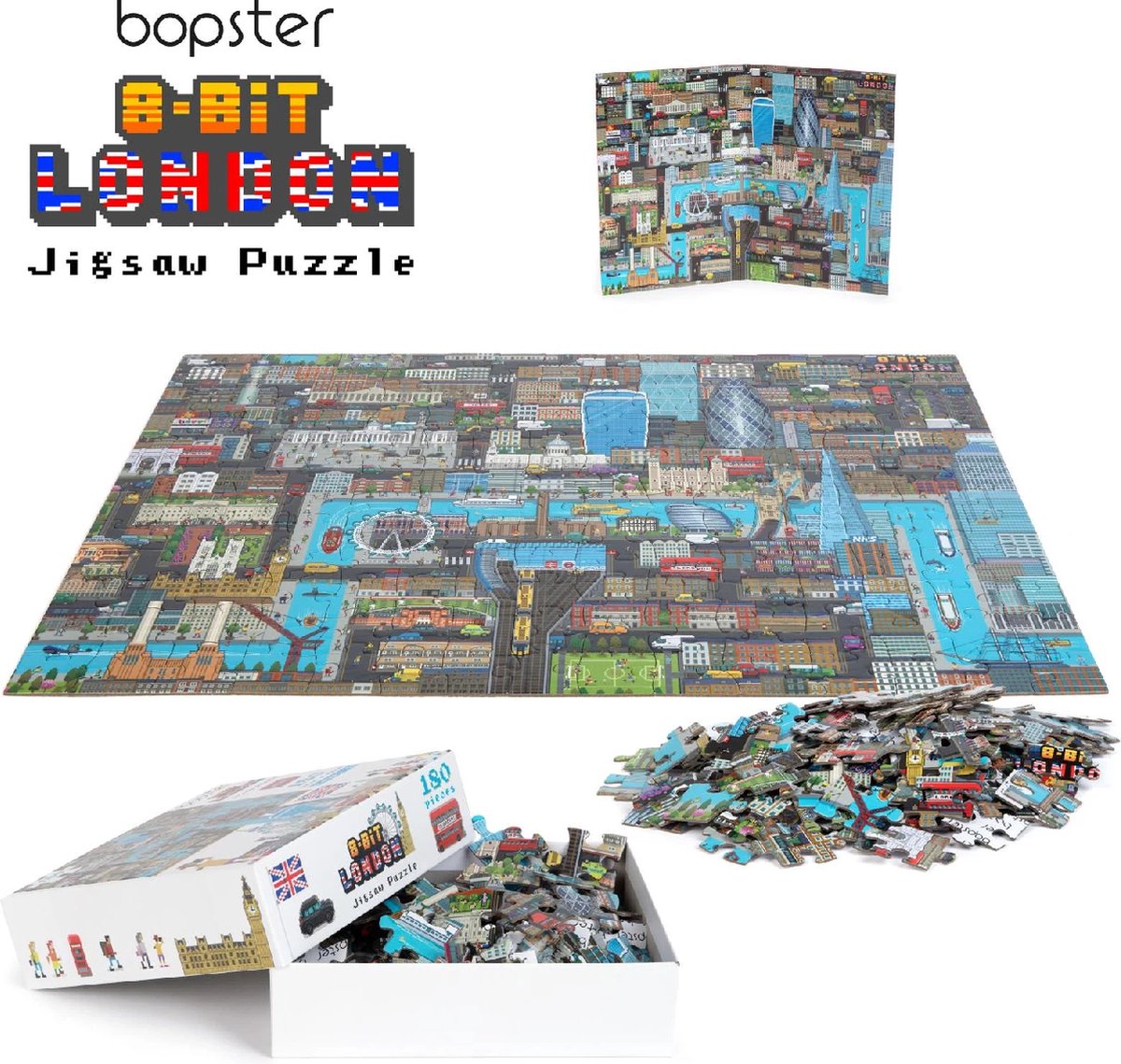 Puzzle Boppi Londra - 180 pezzi - 57x42 cm - fantastico design a 8 bit - scopri tutti gli edifici famosi