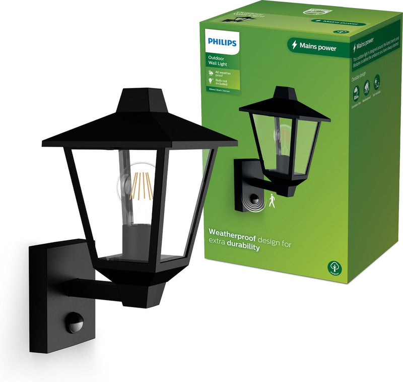 Philips Lámpara de pared LED Philips Kinno - lámpara de exterior - sensor de movimiento - negro - casquillo E27 - máximo 25W - resistente a la intemperie; ip44 - lámpara de pared de pie