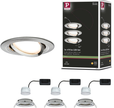 Paulmann LED recessed lamp nova coin set of 3 swiveling round 84 mm 50° coin 3x6w 3x470lm 230v 2700k brushed steel