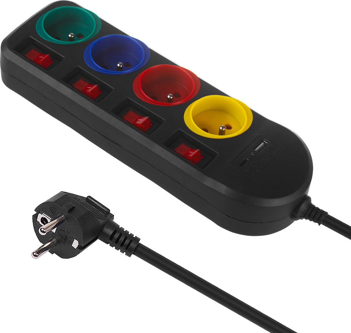 Maclean mce508 b - presa multipla - 4x prolunga + USB A C, con interruttori - 250vac 10a - 1,5m - nero