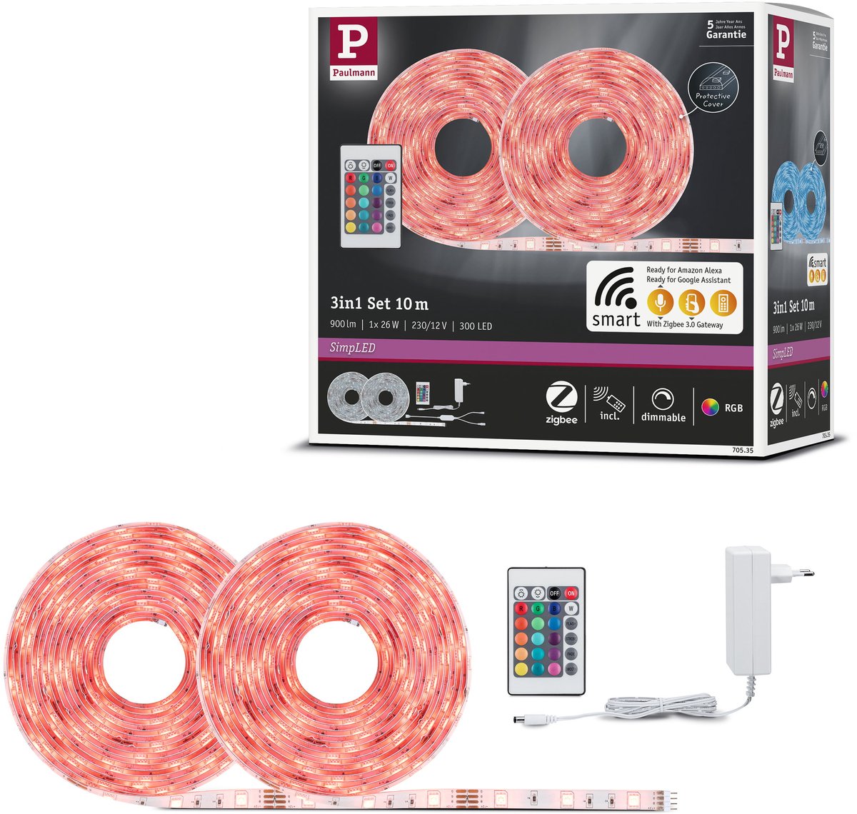 Paulmann simpled led strip 10 meter smart home zigbee 3.0 rgb - plug play set - 26w - 90 lm m - 30 leds m - gecoat - voor binnen