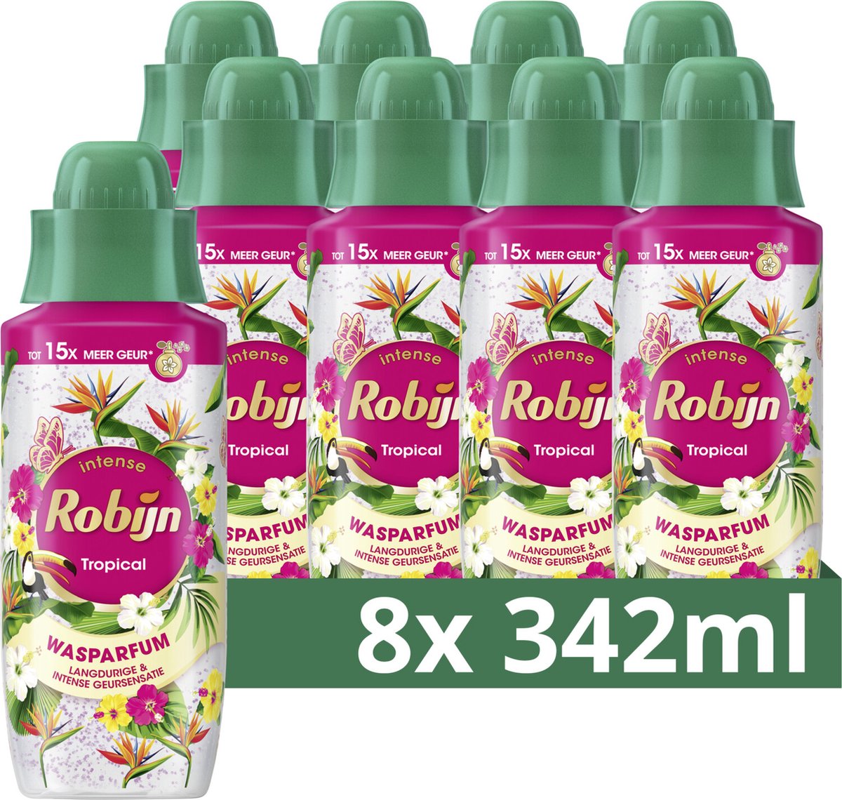 Robijn - wasparfum - tropical - tot 15x meer geur dan bij gebruik van alleen wasmiddel - 8 flessen x 342 ml